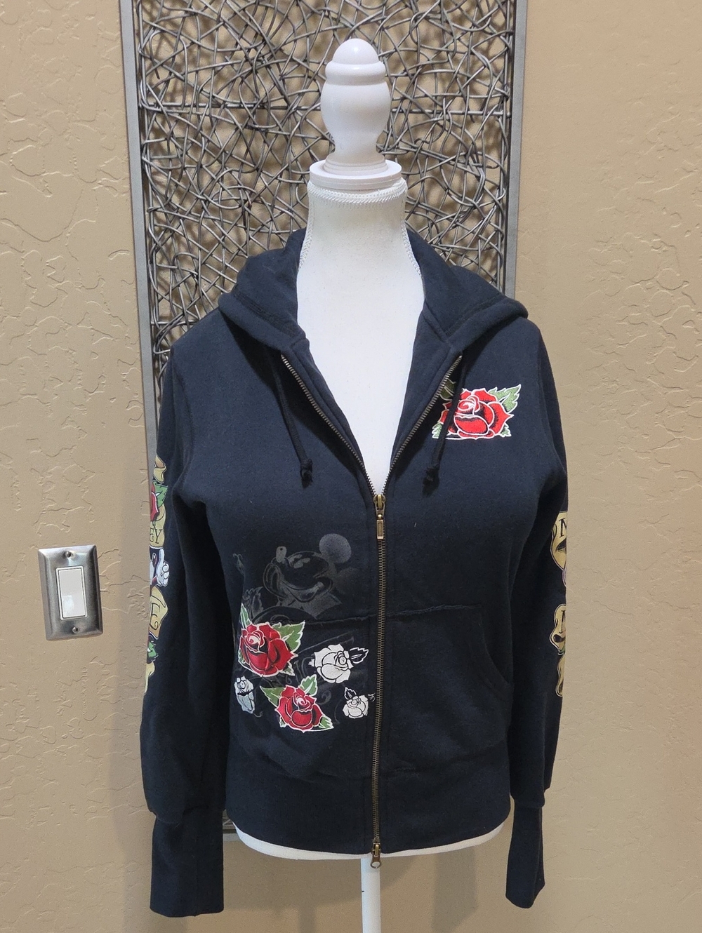 Walt Disney World Black Zip Hoodie with Floral Mickey and Rose Accents